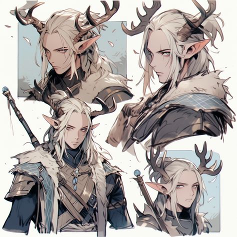 AI art generated with Midjourney. Prompt: dungeons and dragons characters, character reference, male, antler horns, sketch --niji 5 Male Dryad Art, Male Druid Character Art, Elf With Antlers, Human Male Character Art, Elf Oc Male, Horns Sketch, Male Elf Character Design, Horns Reference, Antler Horns