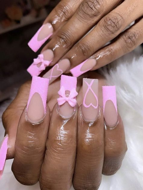 Pink Nails Coffin Shape, Color Nail Tips, Vday Nails, Diy Acrylic Nails, Glow Nails, Coffin Shape, Heart Decor, Color Nails, Skin Nails