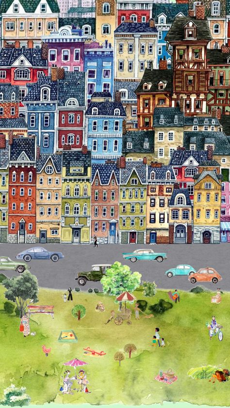 #city #town #busy #paint #buildings #house #houses #park #people #street #illustration Street Illustration, People Street, Paint, Building