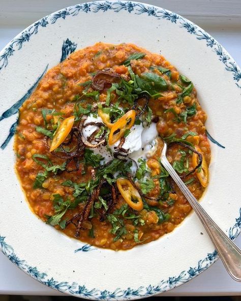 Xanthe Gladstone, Crispy Shallots, Happy February, Coconut Yogurt, Red Lentil, Shallots, Lentils, Spinach, Yogurt