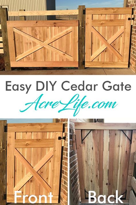 Easy DIY cedar gate with tools and materials list. Step-by-step guide will help you build this rustic country look gate in an hour. #AcreLife #DIY #cedargate #gate #woodgate Double Door Fence Gate Ideas, Cedar Gates Entrance, Cedar Gate Ideas, Farmhouse Gate Design, Wooden Gates Ideas, Fencing Techniques, Wood Gate Ideas, Carpenter Hacks, Wood Gate Diy