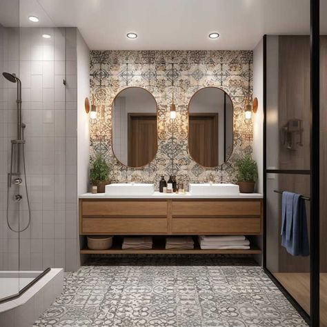 15+ Amazing Mid-Century Bathroom Design Ideas for a Retro Touch • 333+ Images • [ArtFacade] Wet Bathroom Ideas, Wall Cladding Designs, Wet Bathroom, Tile Accent Wall, Bold Tile, Plywood Interior, Mid Century Modern Interior Design, Cladding Design, Mid Century Modern Bathroom