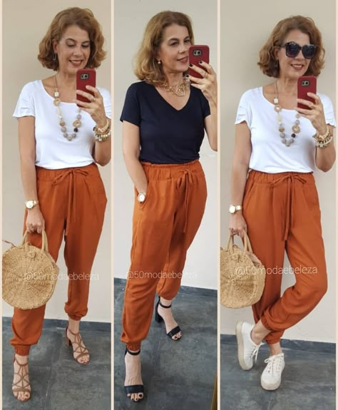 Orange Joggers Outfit, Pantalon Naranja Outfits, Orange Linen Pants, Orange Pants Outfit, Khakis Outfit, Look 2023, Linen Pants Outfit, Orange Pants, Joggers Outfit