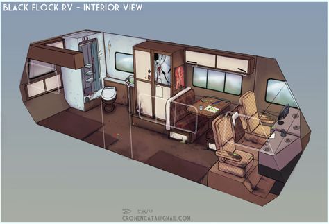 Camper Concept Art, Rv Concept Art, Van Concept Art, Rv Layout, Apocalypse Concept Art, Vehicle Concept Art, Interior Concept Art, Rv Interior Design, Boys Dorm Room