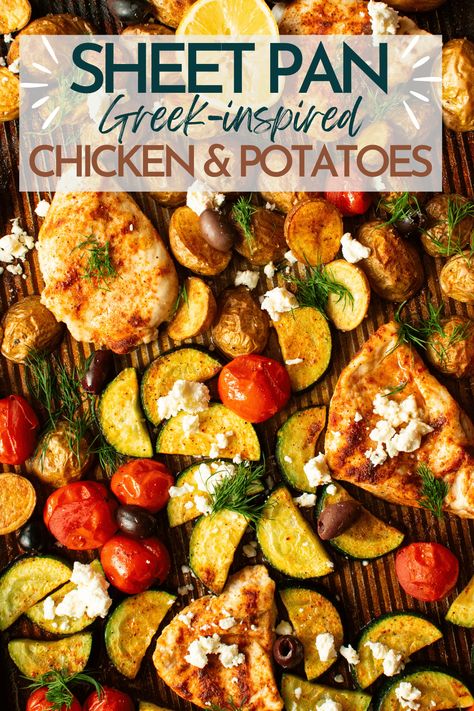 This Greek chicken and potatoes features favorites like tomatoes, olives, feta and dill. The prep time is minimal so it's a great choice for weeknights. Bonus: only one pan to clean! Greek Chicken Breast Recipes, Greek Chicken Breast, Greek Chicken And Potatoes, Greek Potatoes, Feta Chicken, Chicken And Potatoes, One Pan Dinner, Chicken Entrees, Citrus Chicken