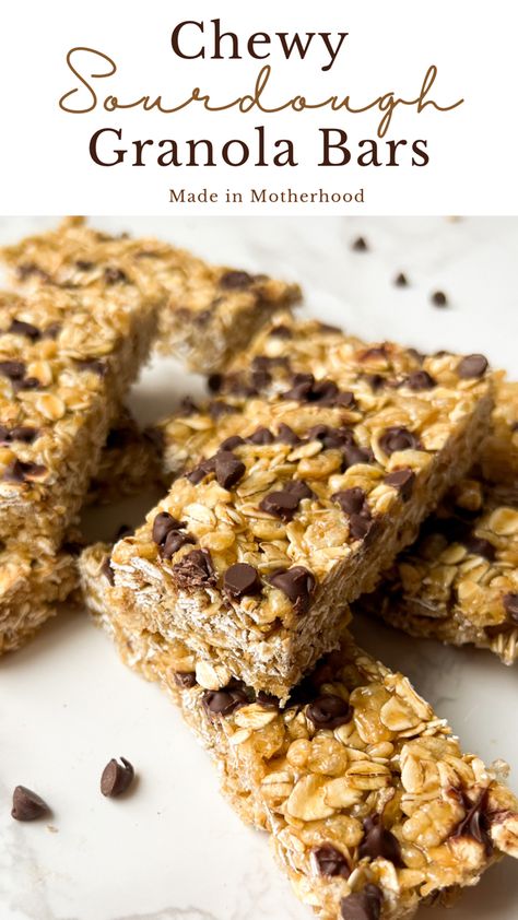 These chewy homemade granola bars are made with sourdough discard for a bit of fermented goodness. They are such a delicious and fun sourdough discard recipe! Chocolate Chip Granola Bar Recipe, Chewy Chocolate Chip Granola Bars, Granola Bar Recipe Chewy, Healthy Snack For Kids, Protein Granola Bars, Granola Bars Recipe, Chocolate Chip Granola, Chocolate Chip Granola Bars, Protein Granola