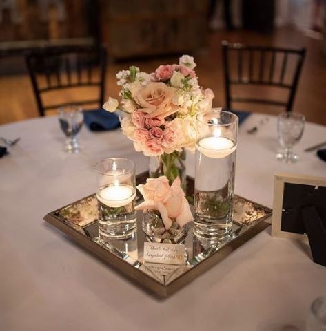 Wedding Mirror Table Decor, Reception Decorations Table Centerpiece Ideas, Mirror Tray With Candles, Wedding Centerpiece Mirror Base, Mirror Tray Wedding Centerpiece, Centerpiece Mirror Base, Simple Mirror Centerpieces, Wedding Centerpieces With Mirror Base, Candles On A Tray Centerpieces