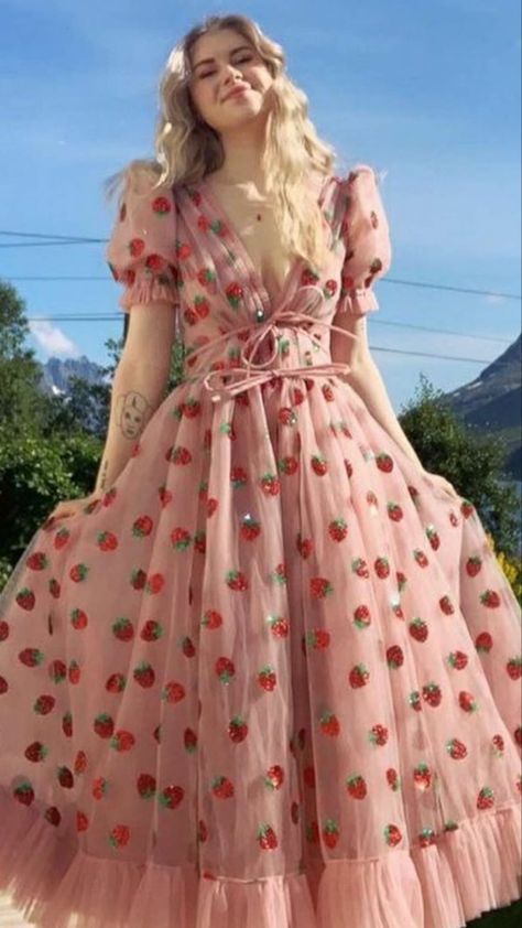 Strawberry Dress Aesthetic, Lirika Matoshi Strawberry Dress, Simple Frocks, Beautiful Evening Dresses, Modesty Outfits, Glamorous Dresses, Dress Aesthetic, Fairytale Dress, Feminine Outfit