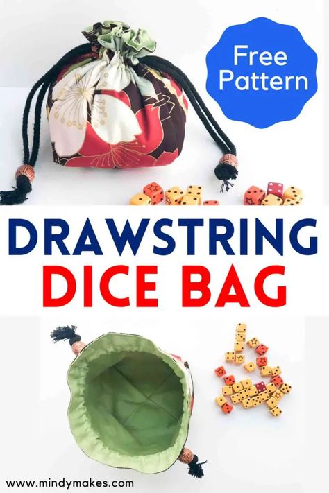 How to Make a Flat, Square Bottom Drawstring Dice Bag (Free Pattern) - Mindy Makes Dnd Dice Pouch Diy, Dice Bag Pattern Sewing Free, Dnd Sewing Projects, Flat Bottom Drawstring Bag, Dice Bag Pattern Sewing, Dice Bag Sewing Pattern, Diy Drawstring Pouch, Diy Dice Bag, Drawstring Pouch Pattern