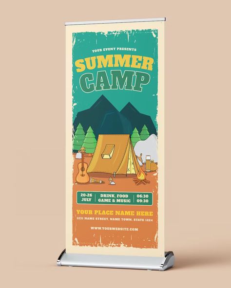 Summer Camp Banner, Camp Banner, Pull Up Banner, Rollup Banner Design, Rollup Banner, Banner Templates, Banner Template Design, Place Names, Banner Template