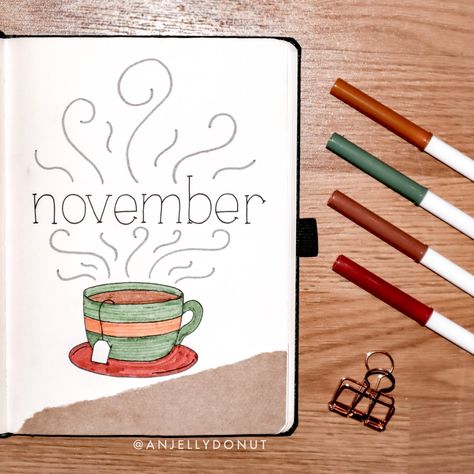 November cozy tea bullet journal theme cover page. Supplies used: Crayola Super Tips, paper bag/kraft paper, Micron fineliners. Created + Photographed by @anjellydonut. Monthly Layout Bullet Journal, November Bujo Cover, Winter Bujo, November Bujo, Monthly Bullet Journal Layout, Monthly Bullet Journal, Bujo Cover, Bujo Spreads, Bullet Journal Month