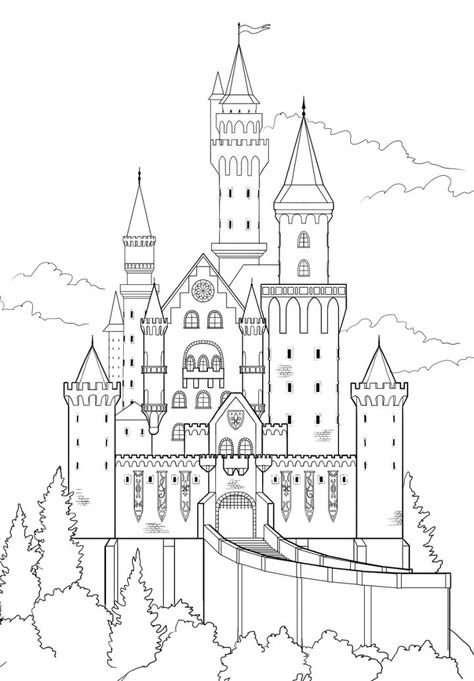 Castle Drawing Easy, Disney Castle Drawing, Castle Sketch, Castle Coloring Page, Castle Drawing, Germany Castles, Castle Art, Neuschwanstein Castle, Castle In The Sky