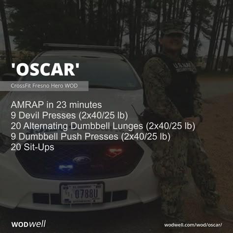 "Oscar" Workout, CrossFit WOD | WODwell - AMRAP in 23 minutes; 9 Devil Presses (2x40/25 lb); 20 Alternating Dumbbell Lunges (2x40/25 lb); 9 Dumbbell Push Presses (2x40/25 lb); 20 Sit-Ups Amrap Crossfit Workouts, 20 Minute Crossfit Workout, Monday Crossfit Workout, Hero Crossfit Workouts, Dumbbell Crossfit Wod, Wod Dumbbell Workouts, Dumbbell Amrap Workout, Devils Press Workout, Devil Press Workout