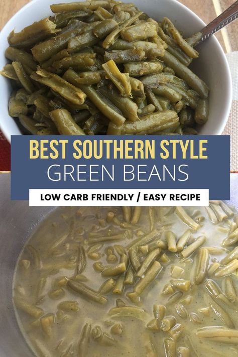 These southern-style green beans with canned beans are so easy and delicious! With only a few ingredients and huge flavors, you are sure to love this keto side dish! Southern Green Beans Recipe, Southern Green Bean Recipes, Canned Green Bean Recipes, Brussels Sprouts Bacon, Southern Style Green Beans, Southern Green Beans, Keto Veggies, No Carb Food List, Beans In Crockpot