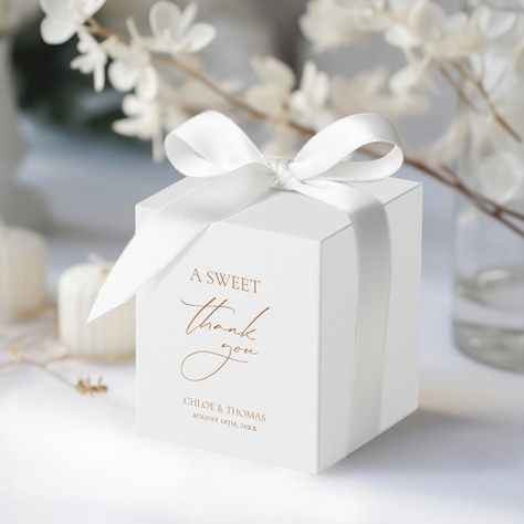 $2.40 | A Sweet Thank You Minimal Wedding #thank you wedding favor boxes, elegant wedding favor boxes, modern wedding favor boxes, simple wedding favor boxes, minimalist wedding favor boxes, white wedding favor boxes, minimal wedding favor boxes, a sweet thank you, wedding treat favor boxes, elegant wedding reception Wedding Gift Bag Ideas For Guests, Simple Minimal Wedding, Modern Wedding Favors, Simple Wedding Favors, Elegant Wedding Favors, Elegant Wedding Reception, Wedding Treats, Minimal Wedding, Wedding Favor Boxes