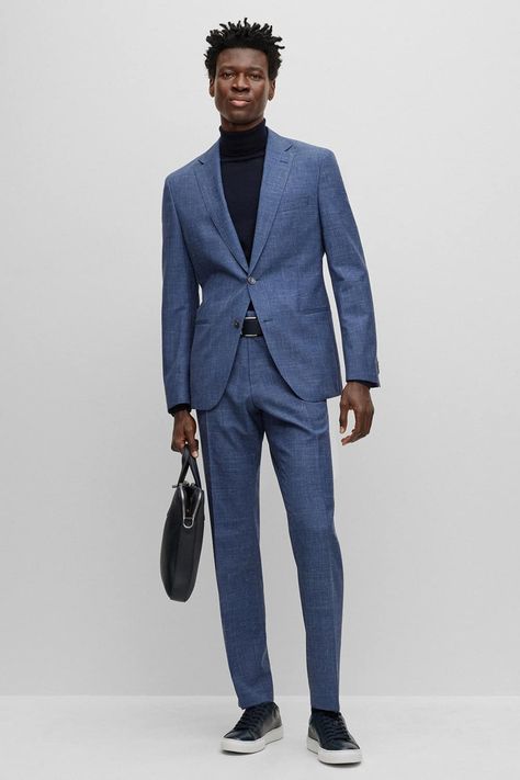 Suit With A Turtleneck: How To Get it Right In 2024 (19 Outfits) Mid Blue Suit, Men's Workwear Fashion, Navy Tuxedos, Made To Measure Suits, Charcoal Suit, Blue Turtleneck, Light Grey Suits, Flannel Suit, Suit Blue