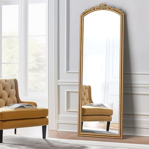 PRICES MAY VARY. Vintage Charm - Add a touch of old-world elegance to your space with our 22" x 64" metal vintage floor mirror. Its ornate gothic design and antique gold color make it the perfect statement piece for any wall. Superior Craftsmanship - Crafted with attention to detail, our full length antique mirror is made to last. Its sturdy metal frame and 1.25" thickness ensure durability and stability. The Victorian-inspired details and baroque leafing pattern on our antique gold mirror exude Gold Full Length Mirror, Antique Full Length Mirror, Antique Floor Mirror, Vintage Gold Mirror, Antique Gold Mirror, Mirror For Living Room, French Baroque, Baroque Mirror, Floor Length Mirror