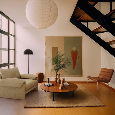 A mid-century modern living room with natural wood floors, black steel staircase and large art on the wall, minimalism, white walls painted, brown rug, tan sofa, round coffee table, modern pendant light, and brown leather chair. White Mid Century Modern Living Room, Decompression Room, Living Room With Natural Wood, Mid Century Modern Mood Board, Light Brown Sofa, Mid Century Minimal, Natural Wood Floors, Mid Century Modern Entryway, Marsh House