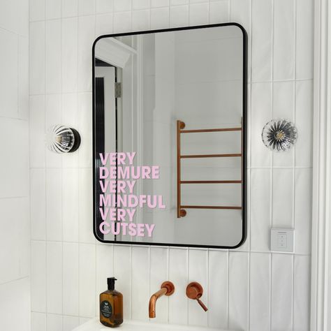 Transform your mirror into a daily source of positivity with our Mindful & Demure Mirror Sticker. Designed with a cutesy and gentle touch, this adorable vinyl decal serves as a sweet reminder to practice mindfulness and self-love every time you look in the mirror. S I Z E S Small - 8cm Width x 7.5cm Length Medium - 12cm Width x 11.2cm Length Large - 16cm Width x 15cm Length M A T E R I A L Crafted from high-quality vinyl for durability and ease of use. Available in a wide range of colours. N O T Cool Mirror Ideas, Mirror Text, Mirror Quotes, Mirror Vinyl, Cute Mirror, Trend Quote, Mirror Decoration, Mirror Decal, Practice Mindfulness