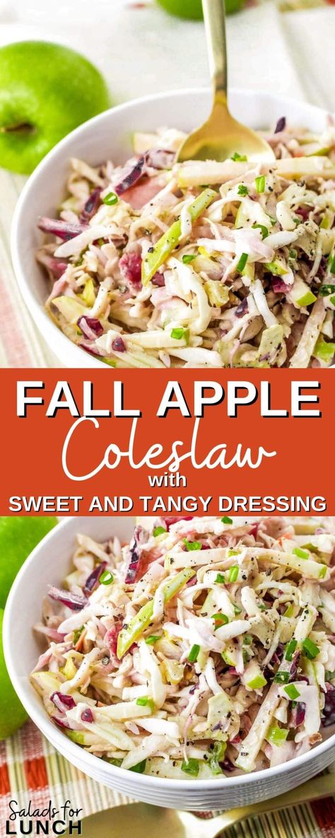 Get ready for a flavor-packed party in your mouth with our Fall Apple Slaw! This isn't your ordinary coleslaw; it's a crisp, refreshing autumn fiesta that'll make your taste buds dance a joyful jig. This slaw is like a crisp fall breeze, a burst of colors in the midst of autumn leaves, and the perfect sidekick for your seasonal gatherings. Whether you're cozying up at home or sharing a dish at a potluck, our Fall Apple Slaw brings a zest for life that's as bright as the fall foliage. Chopped Salad Recipes For Thanksgiving, Fall Vegetable Salad Recipes, Apples In Salad, Cranberry Apple Slaw Salad, Healthy Slaw Salad, Apple Cider Slaw Recipes, Fall Salad Recipes Easy, Sweet Side Salads, Apple Slaw No Mayo