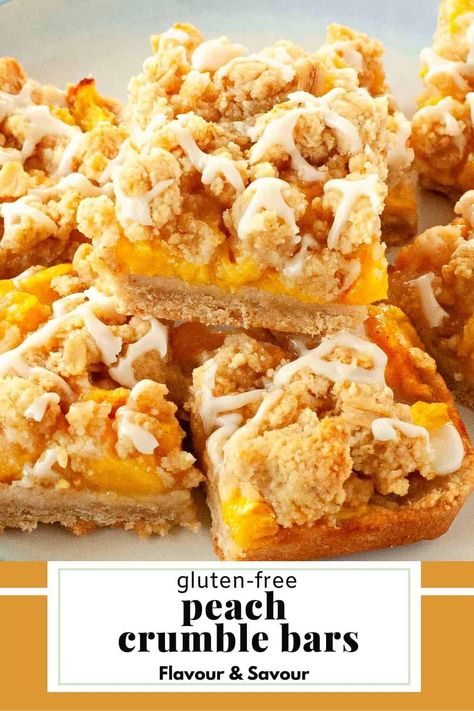 Gluten Free Peach Crumble, Oat Flour Crust, Gluten Free Peach Recipes, Peach Bars, Peach Pie Bars, Peach Crumble Bars, Gluten Free Peach Cobbler, Peach Cheesecake, Peach Crumble