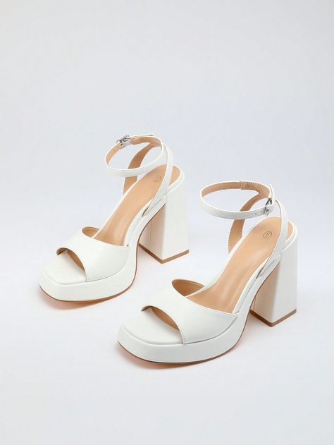 ◾Elevate your look with these stylish women's sandals that effortlessly blend retro-inspired charm and modern sophistication. The square-shaped open toe lends a chic, vintage-inspired aesthetic, while the chunky block heel silhouette provides exceptional stability and helps to elongate the appearance of your legs. ◾For added convenience, these sandals feature an adjustable ankle strap closure that allows for easy slip-on and slip-off. The plush, comfortable lining ensures all-day wear without an White Chunky Heels, Hoco Heels, Thigh High Sock Boots, Chunky Heel Platform Sandals, Senior Szn, Shoes Aesthetic, Sandals High Heels, Women Platform Sandals, Party Pumps