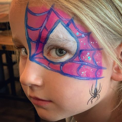 Ghost Spider Costume Women Diy, Spiderman Face Makeup, Diy Ghost Spider Costume Women, Gwen Stacy Face Paint, Spidey Face Paint, Gwen Stacy Birthday Party Ideas, Spiderman Makeup For Kids, Spider Gwen Face Paint, Ghost Spider Mask