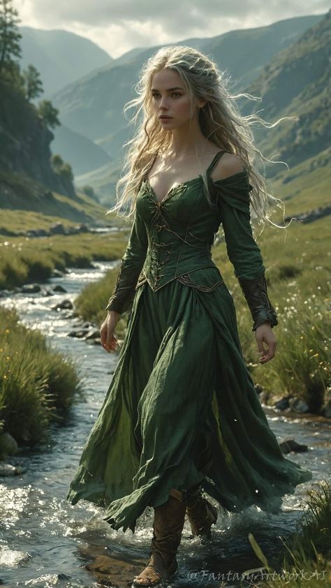 Celtic Prom Dress, Irish Queen Aesthetic, Forest Dresses Aesthetic, Celtic Inspired Outfits, Irish Woman Aesthetic, Druid Dress, Celtic Outfit, Irish Fashion Women, Elven Aesthetic