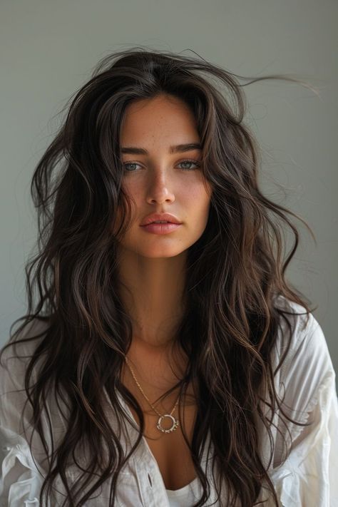 Haircut For Long Curly Hair For Women, Boho Wavy Hair, Haircuts For Long Wavy Hair Face Shapes, Long Wavy Natural Hair, Natural Loose Wavy Hair, Dark Brown Beach Hair, Long Layers With Face Framing Pieces Wavy Hair Curly, Dark Hair Color Ideas For Curly Hair, Natural Long Wavy Hair