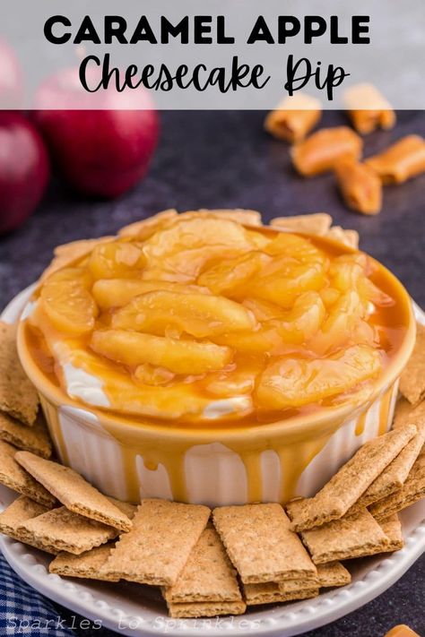 This no-bake Caramel Apple Cheesecake Dip is the perfect fall dessert as it combines cream cheese, sweetened condensed milk, cool whip, caramel, and apple pie filling for a fun dippable treat that is ready to enjoy in about 5 minutes. Cream Cheese Sweetened Condensed Milk, Apple Cheesecake Dip, Caramel Apple Cheesecake Dip, Baked Caramel Apples, Fruit Dips Recipes, Baked Caramel, Caramel Apple Cheesecake, Apple Cheesecake, Cheesecake Dip