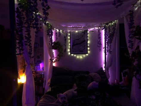 Bed Canopy Black, Witchy Canopy Bed, Bed Canopy With Lights, Black Canopy Bed, Witchy Bedroom, Black Apartment, Canopy Bed Curtains, Black Fairy, Privacy Curtains