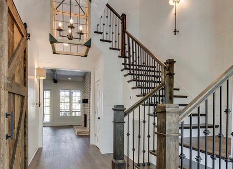 . Modern Farmhouse Staircase, Farmhouse Staircase, Farmhouse Stairs, Farmhouse Foyer, Rustic Staircase, Farmhouse Entry, House Staircase, Staircase Remodel, Modern Layout