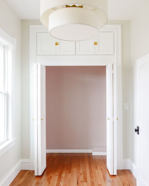 Baby Closet Ideas, Bathroom Door Lock, Home Paint Ideas, Tiny Nursery, Painted Closet, Nursery Reveal, Yellow Brick Home, Pink Closet, Hallway Closet