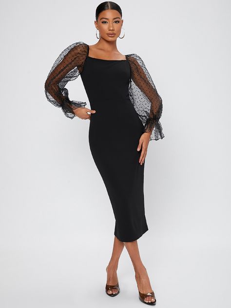 Long Sleeve Black Dress, Sleeve Black Dress, Mesh Sleeves, Flounce Sleeve, Mesh Long Sleeve, Back Dress, Mesh Panel, Women Dresses, Dress Backs