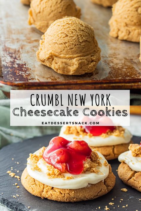 Cherry Cheesecake Cookies, Graham Cracker Dough, Crumbl Copycat, Crumble Cookie Recipe, Cherry Topping, Creamy Frosting, Cherry Cheesecake, Gourmet Cookies, Cheesecake Cookies