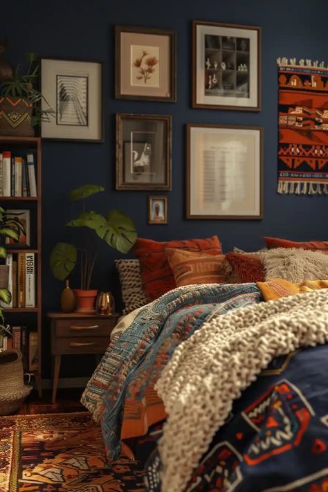 31 Stunning Boho Bedroom Ideas - DailyHomeSafety Deep Teal Bedroom Ideas, Eclectic Bedroom Decor Ideas, Blue And Orange Room Bedroom, Boho Bedroom Navy, Dark Cottagecore Bedroom Ideas, 1920s Bedroom Aesthetic, Dark Blue Boho Bedroom, Blue And Burnt Orange Bedroom, Navy And Terracotta Bedroom