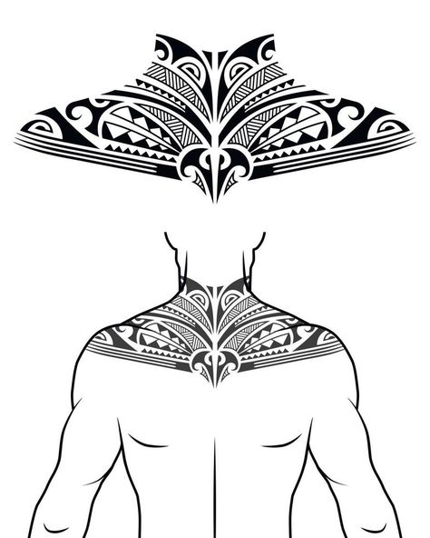 patrón de tatuaje de estilo tribal maorí apto para el cuello, la espalda y el pecho. con ejemplo en el cuerpo. para el catálogo de estudio de tatuajes. Fiji Tattoo, Maori Tattoo Arm, Tato Mandala, Chest Tattoo Stencils, Tato Maori, 42 Tattoo, Chest Tattoo Ideas, Small Chest Tattoos, Polynesian Tattoo Designs