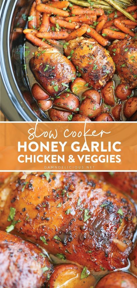 Honey Garlic Chicken And Veggies, Slow Cooker Honey Garlic Chicken, Resep Vegan, Veggies Recipes, Chicken And Veggies, Crockpot Dinners, Salad Pasta, Honey Garlic Chicken, No Cooking