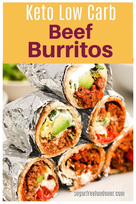 Keto burritos are a fun meal for the entire family, whether they are low carb or not. By using homemade low carb tortillas, the net carbs per beef burrito are just 4.1g net carbs, including all fillings. What's inside? Tasty minced beef with Mexican spices, grated cheese, avocado, lettuce, tomatoes, coriander and sour cream. Finger-licking good! Beef Burritos, Beef Burrito, Dinner Recipes Healthy Low Carb, Keto Beef, Low Fat Low Carb, Minced Beef, Low Carb Low Fat Recipes, Flour Tortilla, Boiled Egg Diet Plan