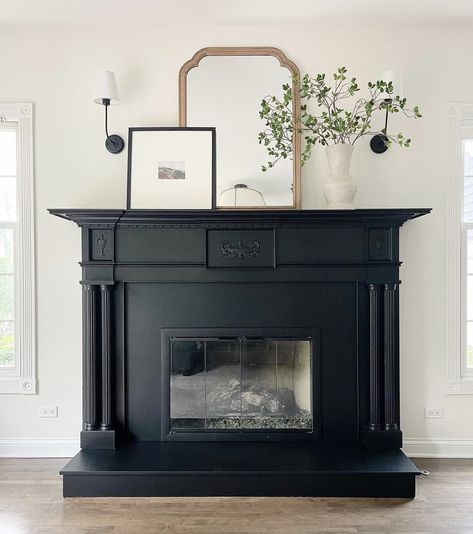 Granite Fireplace Surround, Black Fireplace Mantel, Black Fireplace Surround, Mid Century Modern Traditional, Fireplace Styling, Granite Fireplace, Fireplace Redo, Fireplace Update, Paint Fireplace