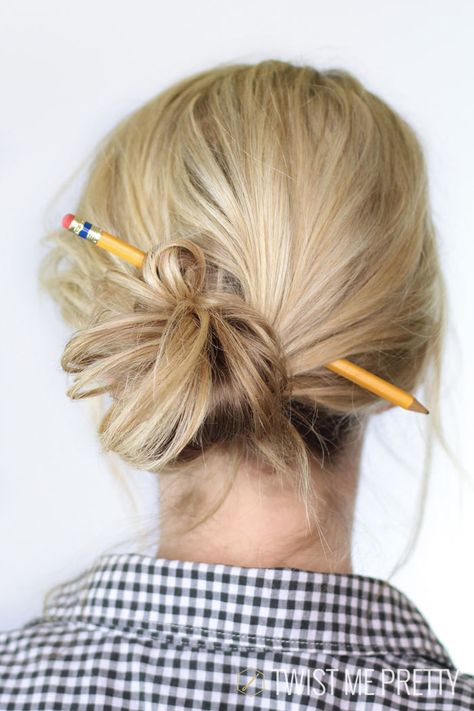 Remember this from high school? Still an easy hack. Click through for the video, if you need a refresher course. Pencil Bun, Teacher Hairstyles, Easy Updos For Medium Hair, Teacher Hair, Easy Hairstyles For Medium Hair, Up Dos For Medium Hair, Desk Drawer, All Hairstyles, Updos For Medium Length Hair