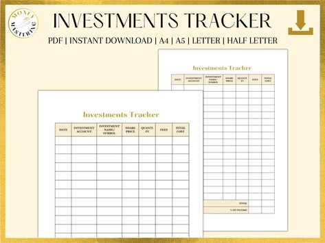 Investment Tracker Printable, Investment Planner, Investment Tracker, Digital Planner Ideas, Minimalist Life, Debt Management, Personal Finances, Field Notes, Tracker Printable