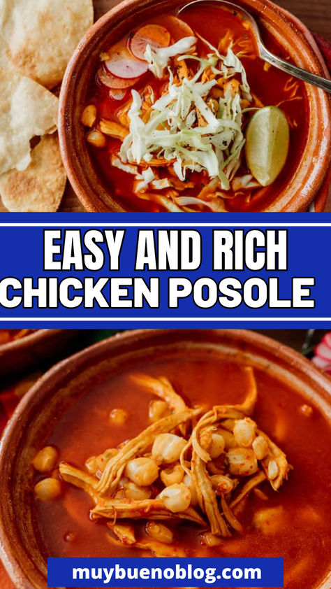 Chicken Posole OR also called Chicken Pozole is a delicious dish that is made with shredded chicken, tomatoes, broth, and white hominy. This is the ultimate comfort food that you can top with sliced radishes, cabbage, and a splash of lime juice. Learn how to make the perfect red chicken posole. Posole Soup Mexican, Red Chicken Posole Recipes, Mexican Soup Recipes Pozole, Crock Pot Posole Chicken, Chicken Posole Crockpot, Chicken Posole Soup, How To Make Pozole Chicken, Crock Pot Pozole Chicken, Crockpot Chicken Posole