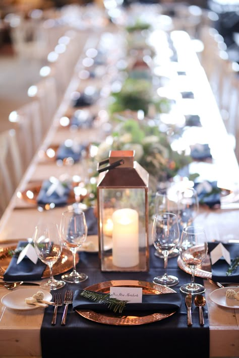 Rose Gold Wedding Table, Navy Wedding Theme, Blue Fall Wedding, Sky Ranch, Navy And Copper, Wedding Table Designs, Wedding Navy, Rustic Wedding Decorations, Copper Wedding