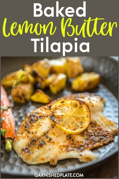 Tender Flaky Baked Lemon Butter Tilapia will become your new go to dinner for busy nights! #baked #lemon #butter #tilapia #oldbay via @garnishedplate Lemon Pepper Tilapia, Dinner For Busy Nights, Lemon Butter Tilapia, Tilapia Recipes Easy, Plate Recipes, Baked Tilapia, Seafood Recipes Healthy, Tilapia Recipes, Healthiest Seafood