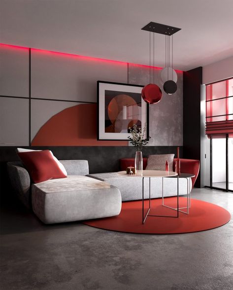 Modern Red And Grey Interiors With Japanese Influences  http://www.home-designing.com/modern-red-and-grey-interiors-with-japanese-influences Red Interior Design, Bauhaus Interior, Interior Design Blogs, Design Hall, Grey Interiors, Living Room Decor Gray, Japanese Interior Design, Living Room Red, Bauhaus Style