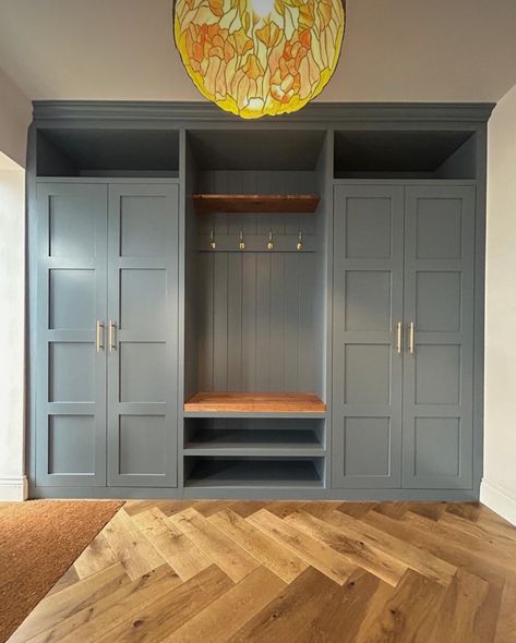 Storage Bench Shoes, Storage Bench Seating Living Room, Entrance Hall Joinery, Built In Coat And Shoe Storage, Ikea Pax Bootroom, Entry Storage Ideas Entryway, Hidden Coat Storage, Long Hallway Storage, Bootroom Hallway