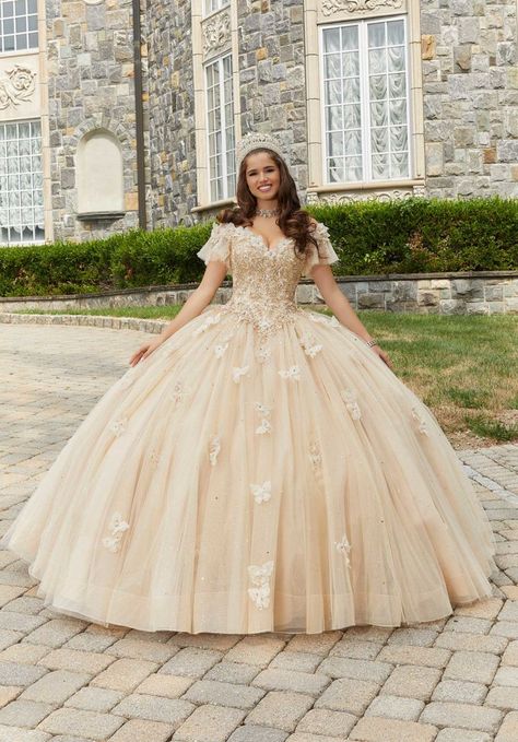 Rhinestone Embroidered Quinceañera Dress with Three-Dimensional Butterflies Butterfly Quince Dress, Quinceanera Dresses Damas, Butterfly Quince, Damas Dresses, Beautiful Ball Gowns, Quince Dress, Princess Sleeves, Dresses Quinceanera, Baptism Dress