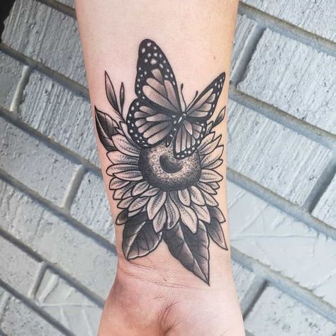 183 Sexiest Butterfly Tattoo Designs in 2022 Butterfly And Sunflower Tattoo, Butterfly And Sunflower, Butterfly Tattoo Cover Up, Black Butterfly Tattoo, Wrist Tattoo Cover Up, Butterfly Wrist Tattoo, Ocean Tattoo, Black And White Butterfly, Tattoo Leg