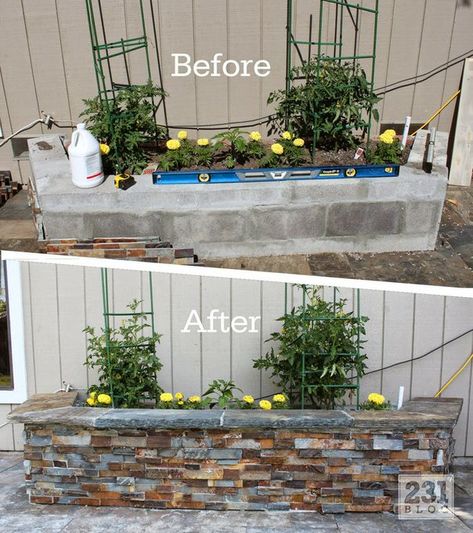 Stone Planter Boxes, Cinderblock Planter, Ledger Stone, Stone Planter, Cinder Blocks, Diy Planter Box, Stone Planters, Cinder Block, Concrete Patio